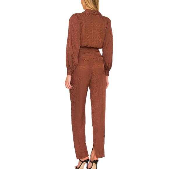 Lovers + Friends Cheyann Satin Jumpsuit Brown SMALL Wrap Split Hem Leopard NEW - Picture 3 of 9